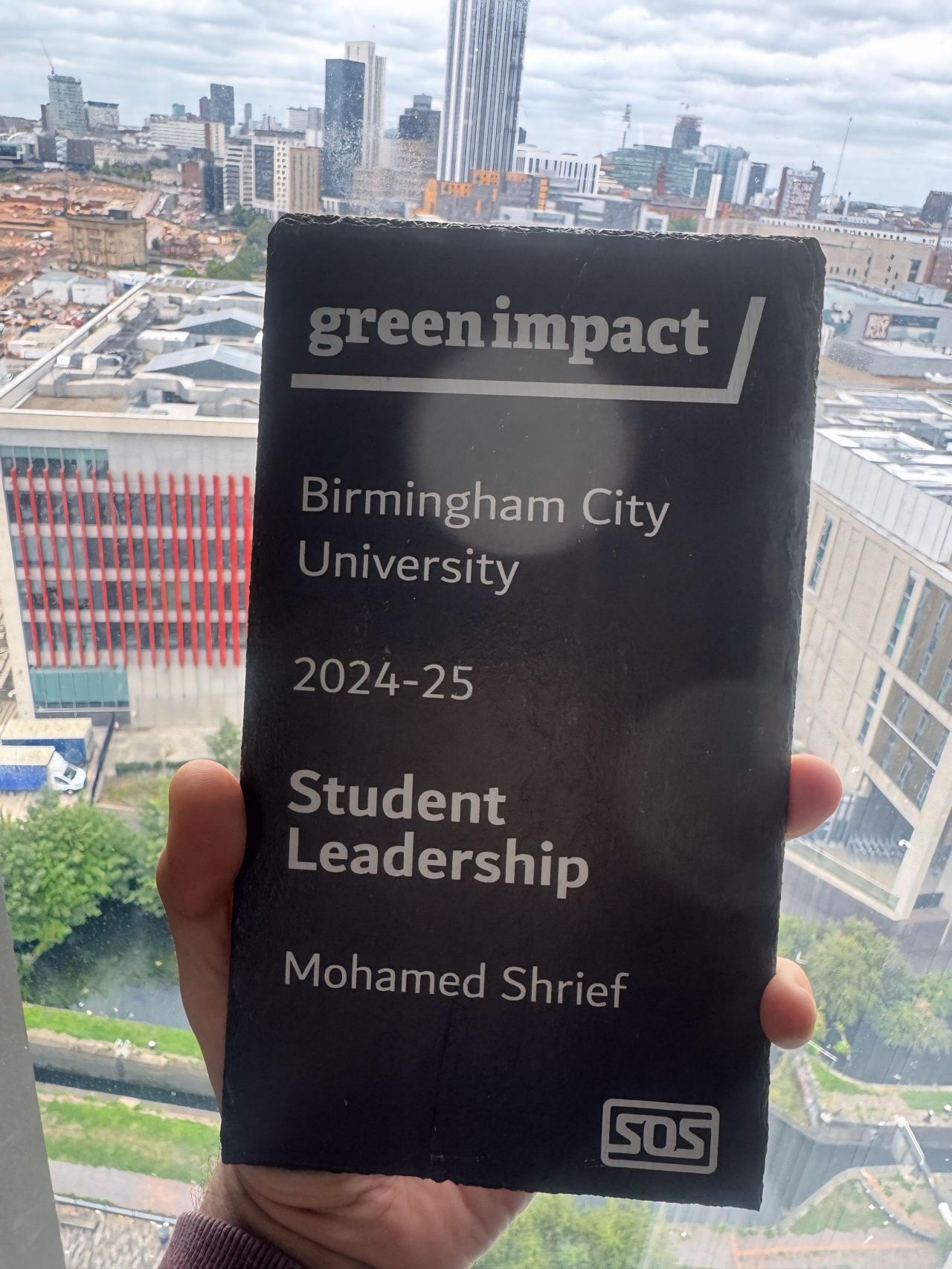 Green Impact Student Leadership award plaque, Birmingham City University 2024–25, awarded to Mohamed Shrief